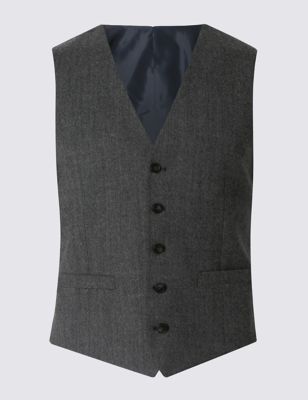 Grey Textured Tailored Fit 5 Button Waistcoat